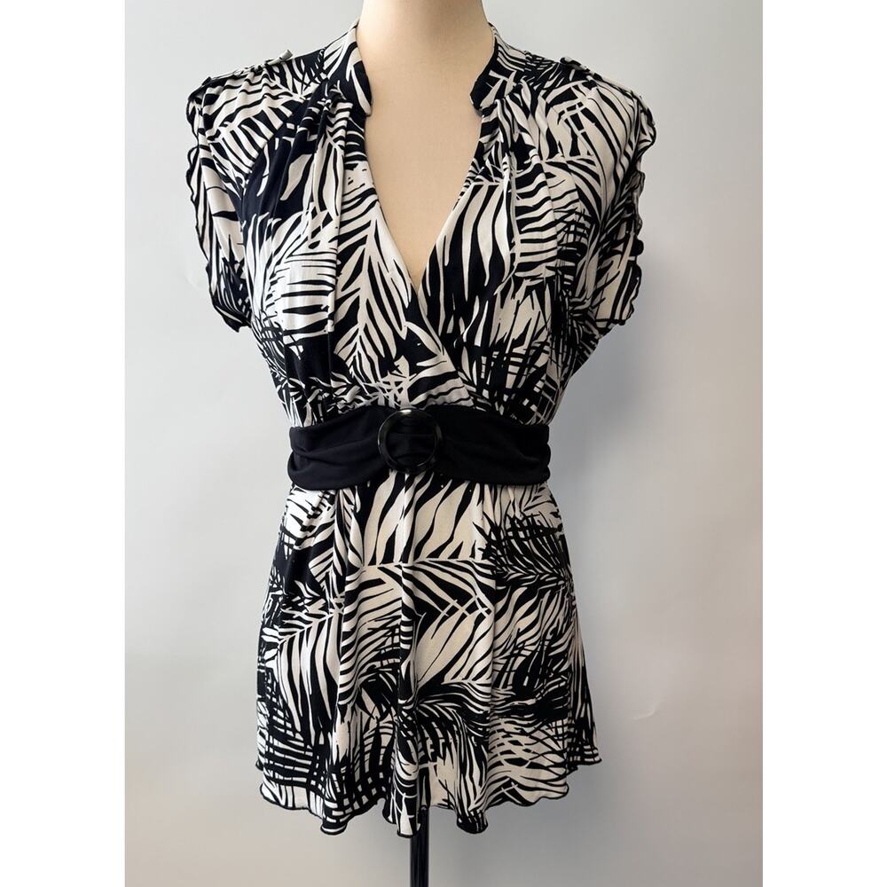 Y2K Babydoll Top Womens Deep V-Neck Black & White Tie Back Stretch 2000s‎ Large